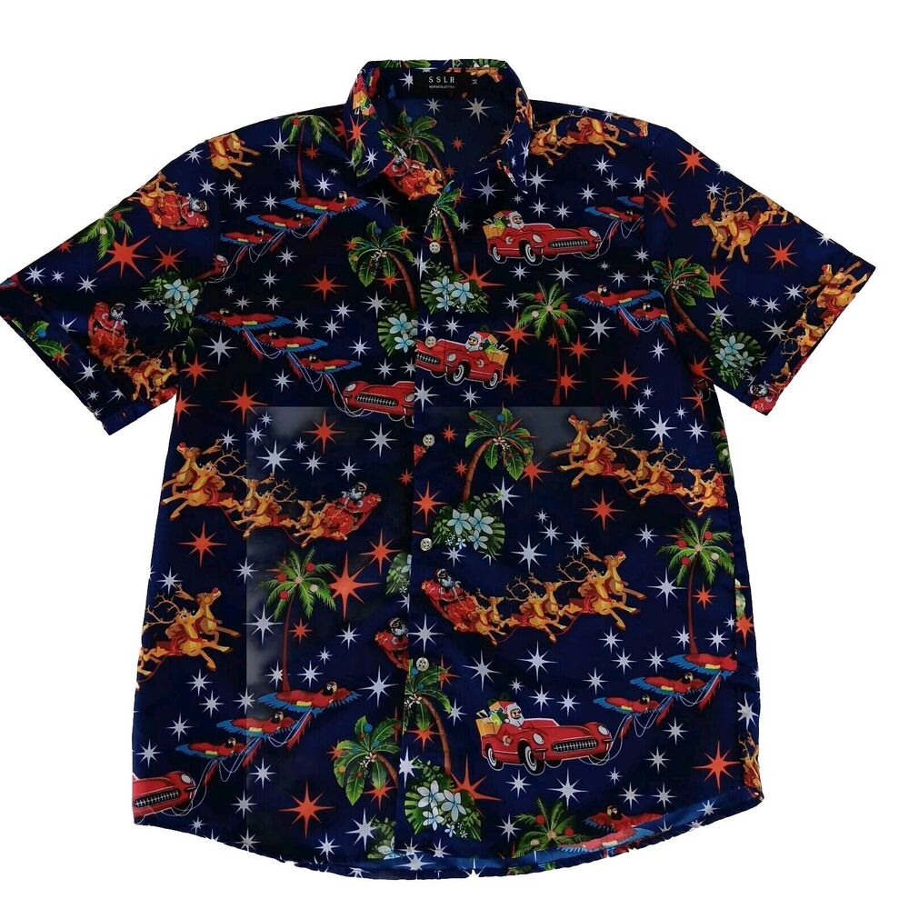 Hawaiian Shirt Men's Christmas Santa Claus Print Blue Medium SSLR Collection